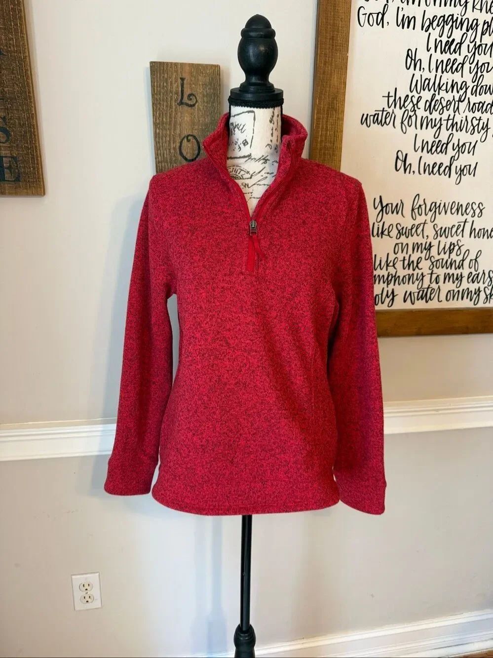 Lands' End Women's Quarter Zip Fleece Marled Pullover Sweater Red Size Small